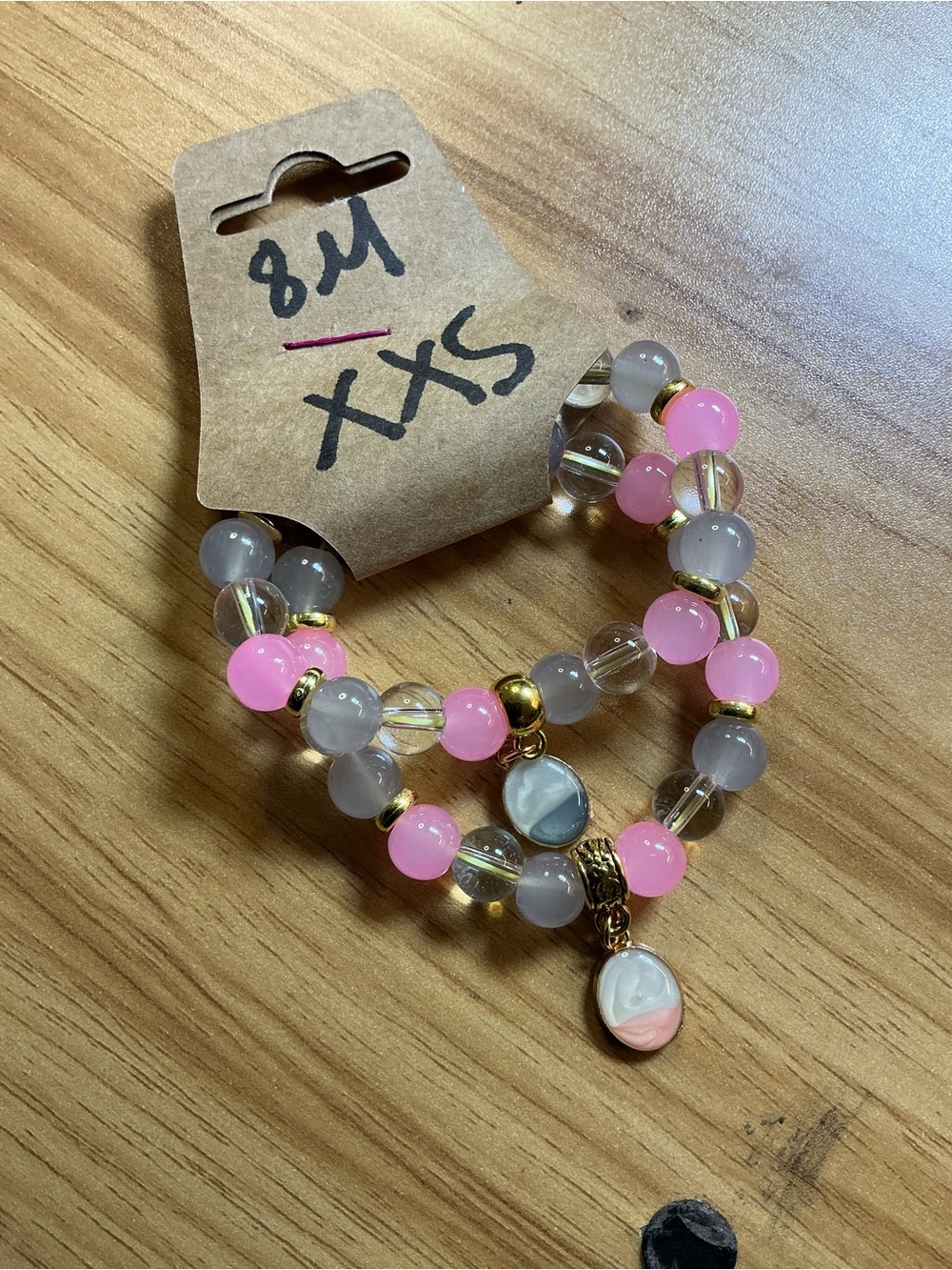 Girls Pink & Gray Beaded Stretch Bracelet Set with Gold Accents